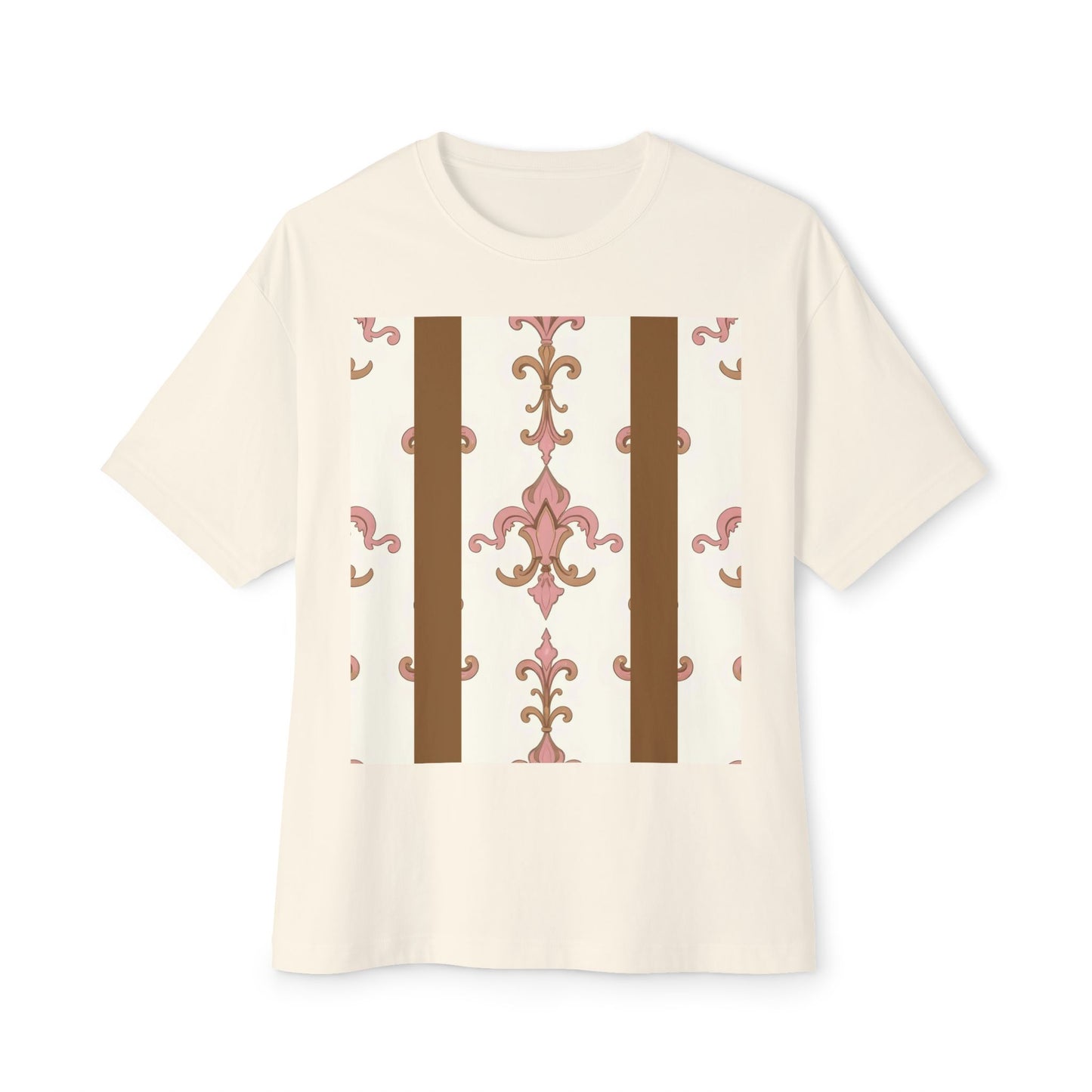 Chic Floral Boxy Tee, Oversized Unisex Tee, Casual Style Shirt, Summer Fashion Top, Gift for Trendsetters - Brown Striped Pink Arabesque