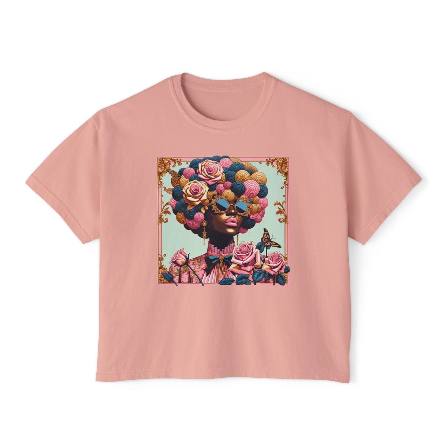 Colorful Afro Woman Boxy Tee, Feminine Graphic T-Shirt, Trendy Casual Wear, Gift for Her, Summer Outfit - Lady In Pink Baroque