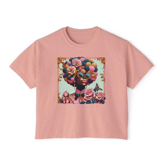 Colorful Afro Woman Boxy Tee, Feminine Graphic T-Shirt, Trendy Casual Wear, Gift for Her, Summer Outfit - Lady In Pink Baroque
