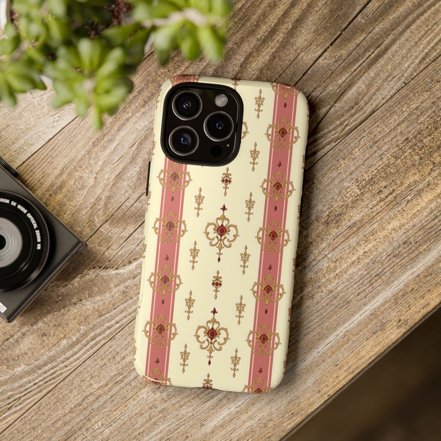 Elegant Floral Motif Phone Case - Tough Cases with Vintage Design - Mauve Striped Gold Damask