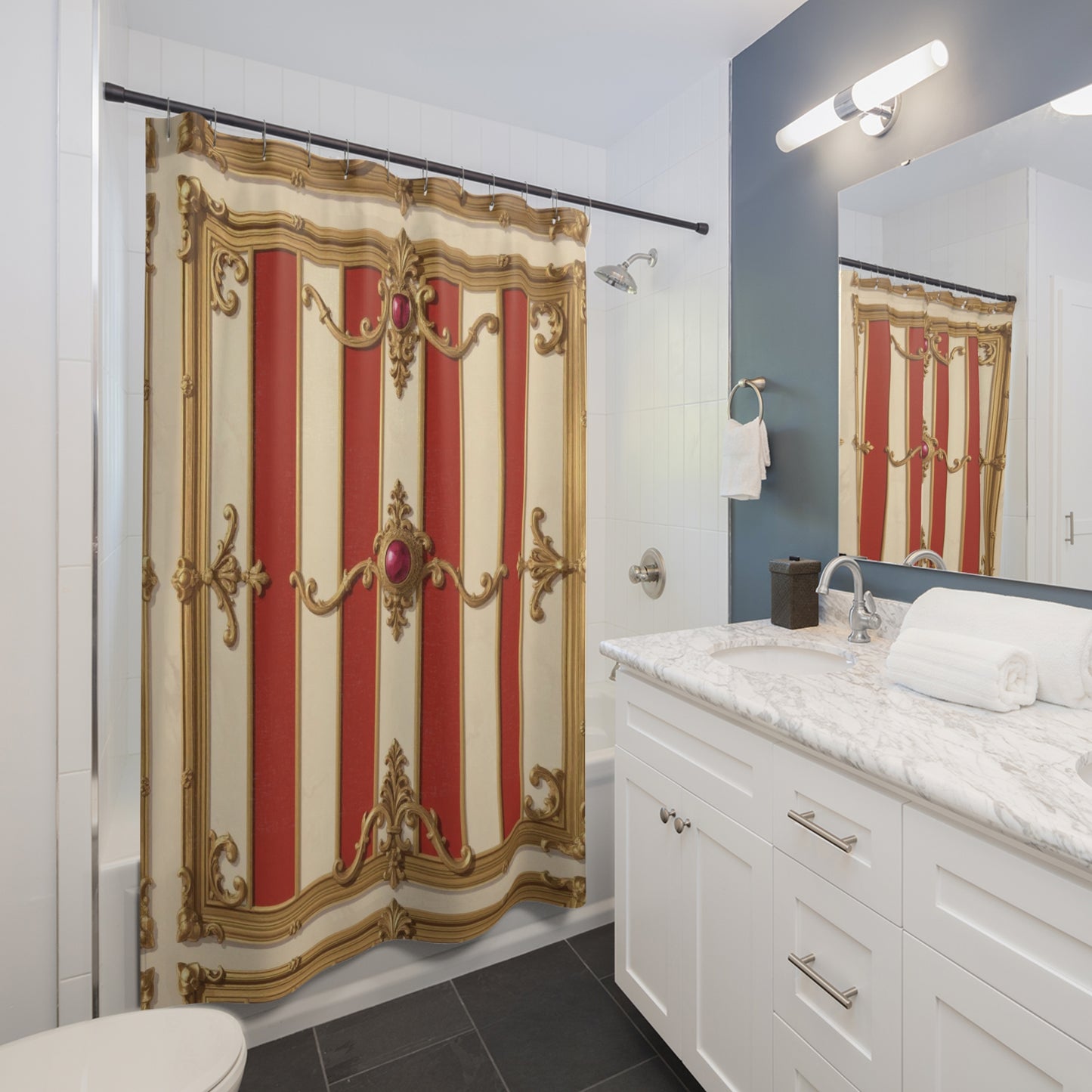 Elegant Vintage-Inspired Shower Curtain - Alabaster & Dusk Orange Striped Baroque