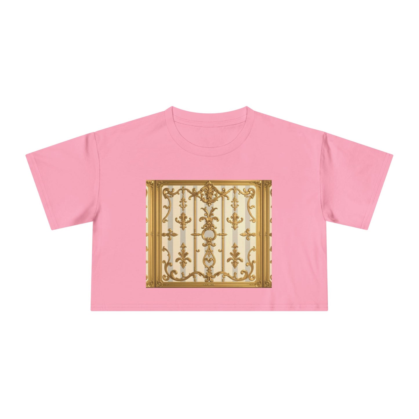 Elegant Vintage Women's Crop Tee, Stylish Oversized Top, Casual Summer Shirt, Trendy Women's Apparel - Matte Gray & Cream Striped Gold Baroque