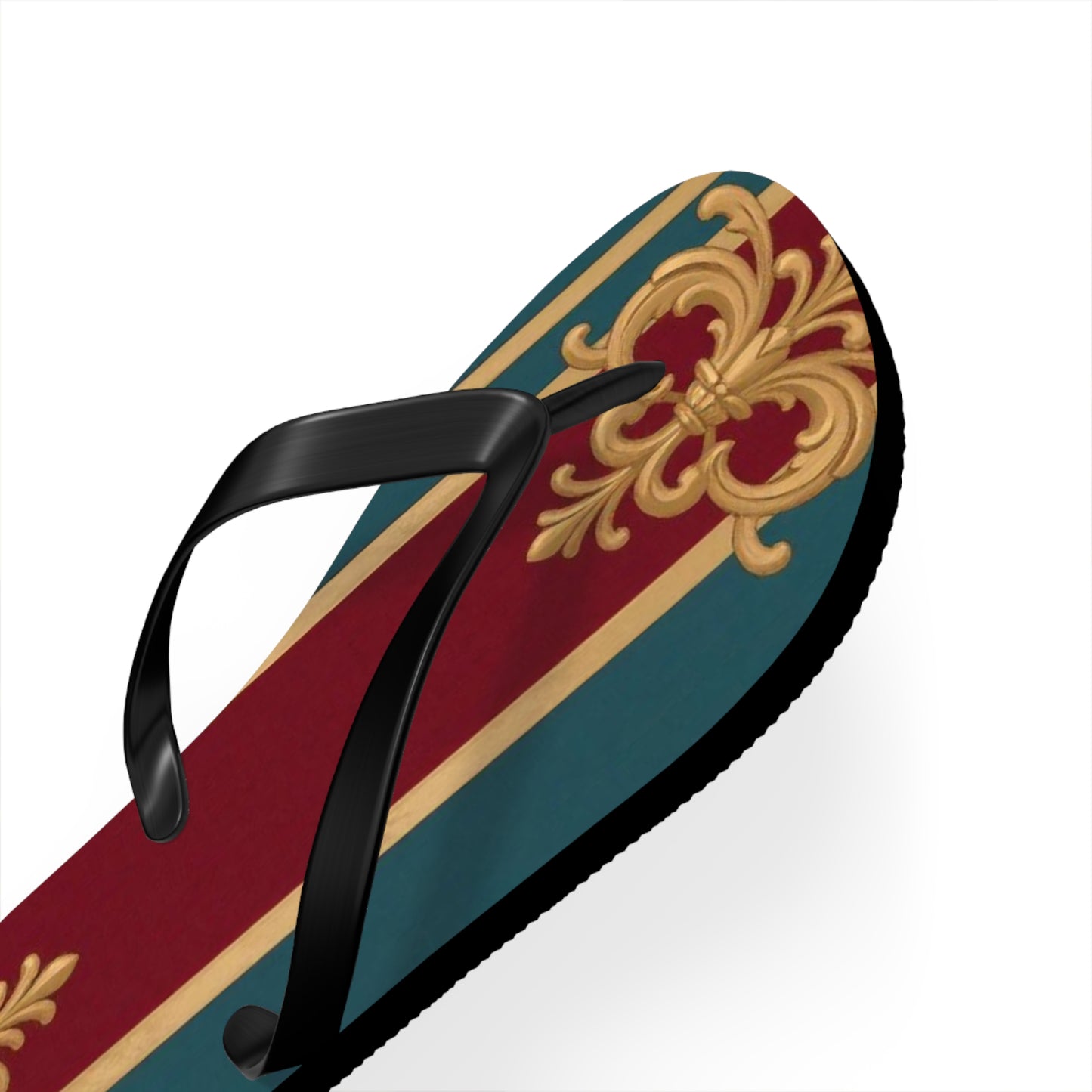 Elegant Floral Pattern Flip Flops, Stylish Beach Footwear, Summer Accessories, Vacation Sandals - Burgundy Striped Gold Baroque