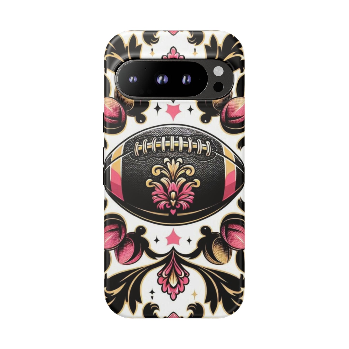 Elegant Floral Motif Phone Case - Tough Cases with Vintage Design - Damask White, Pink Gold & Black Football