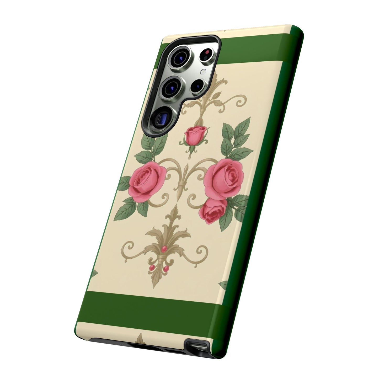 Elegant Floral Motif Phone Case - Tough Cases with Vintage Design - Green Border Roses & Damask