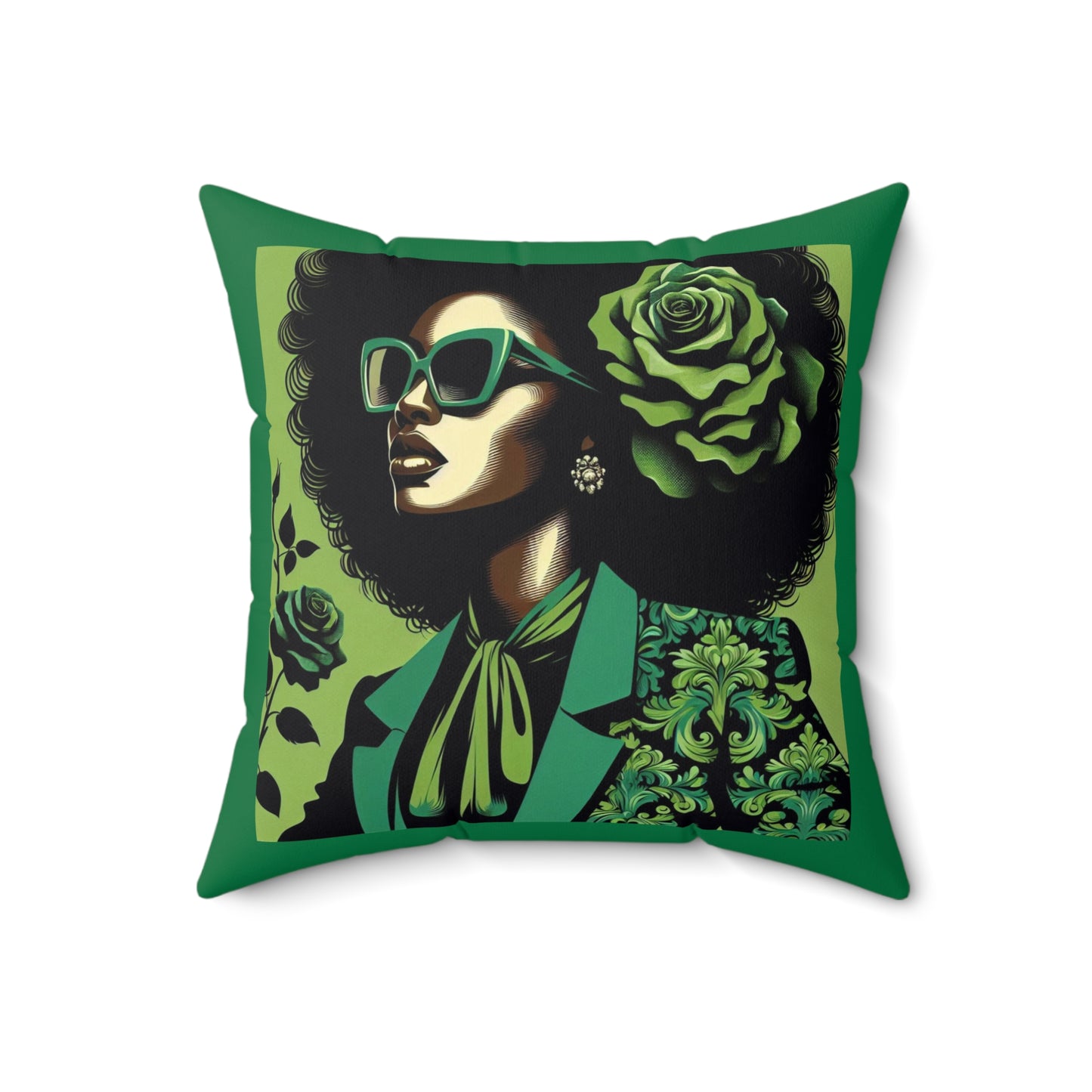 Chic Afrocentric Throw Pillow, Home Decor, Damask Decor, Gift for Her, Afro Art Pillow, Living Room Accent - Lady in Green Damask
