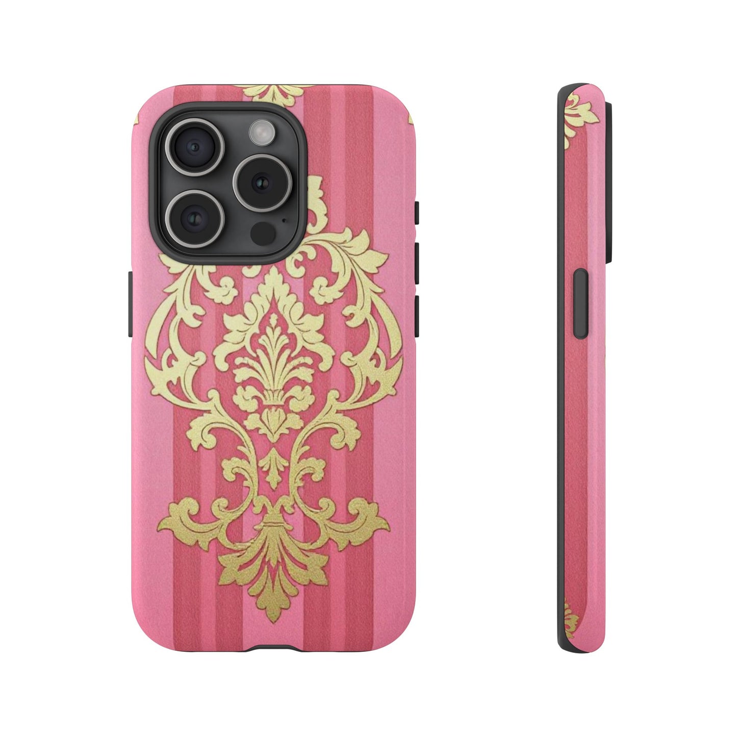 Elegant Floral Motif Phone Case - Tough Cases with Vintage Design - Pink Striped Damask