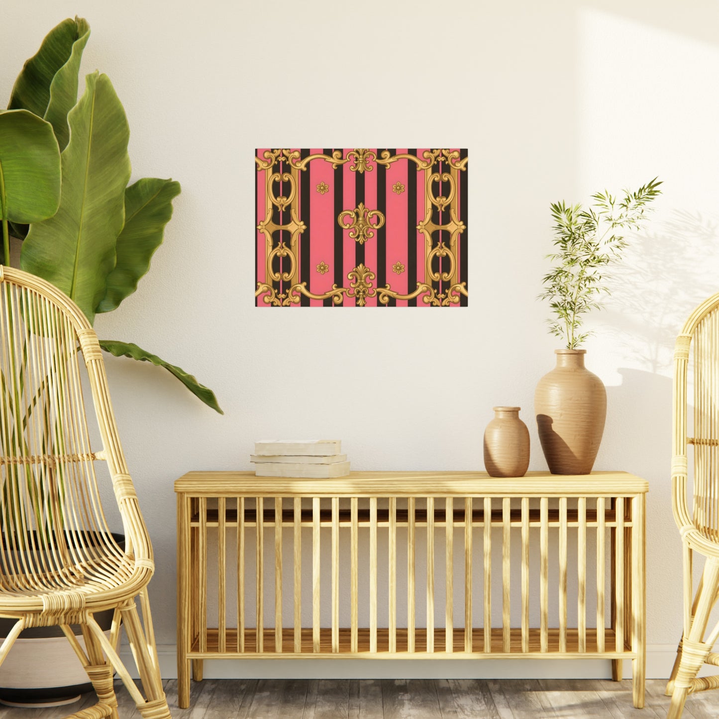 Elegant Decorative Foam Board - Chic Wall Decor, Glam Home Art, Stylish Backdrop, Gift for Her - Pink & Black Striped Gold Baroque