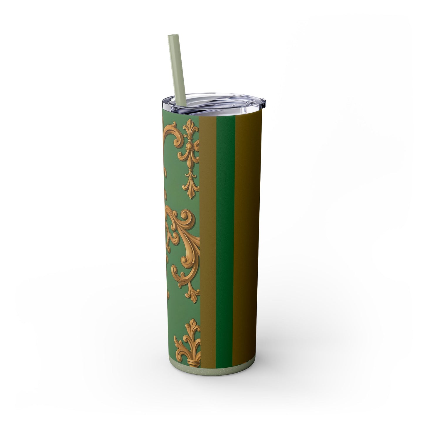 Elegant Green Pattern Skinny Tumbler with Straw, Stylish Drinkware, Gift for Her, Travel Mug, Home Decor, Floral Design - Olive Green Striped Rococo