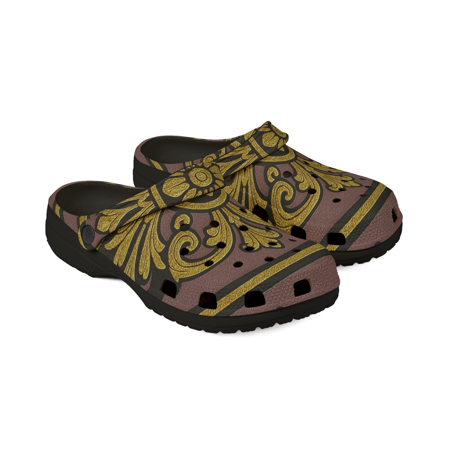 Gilded Mauve With Gold-Black Baroque Stylish EVA Foam Rubber Clogs, Comfortable Slip-On Shoes, Trendy Summer Clogs
