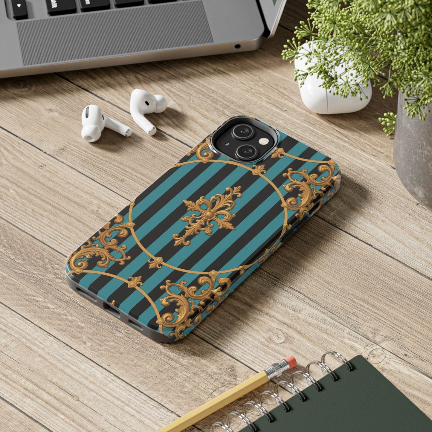 Elegant Turquoise & Black Striped Gold Baroque Phone Case, Tough Phone Cases for Fashion Lovers, Gift for Her, Luxury Accessories