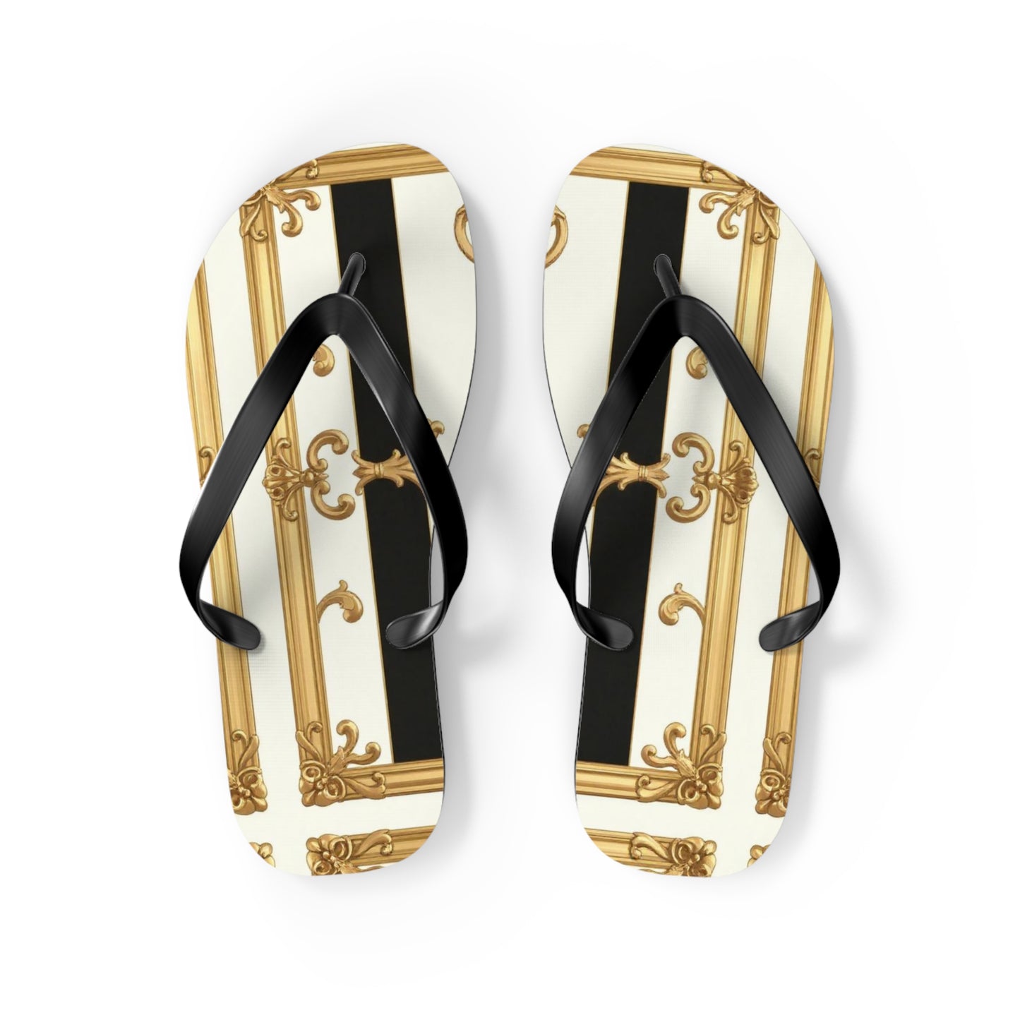 Chic Flip Flops with Elegant Design, Summer Sandals, Perfect Beach Footwear, Vacation Footwear - Black & White Striped Gold Baroque