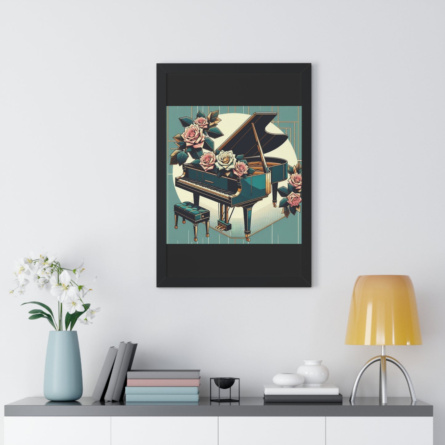 Vertical Poster - Teal Grand Piano & Roses Wall Art
