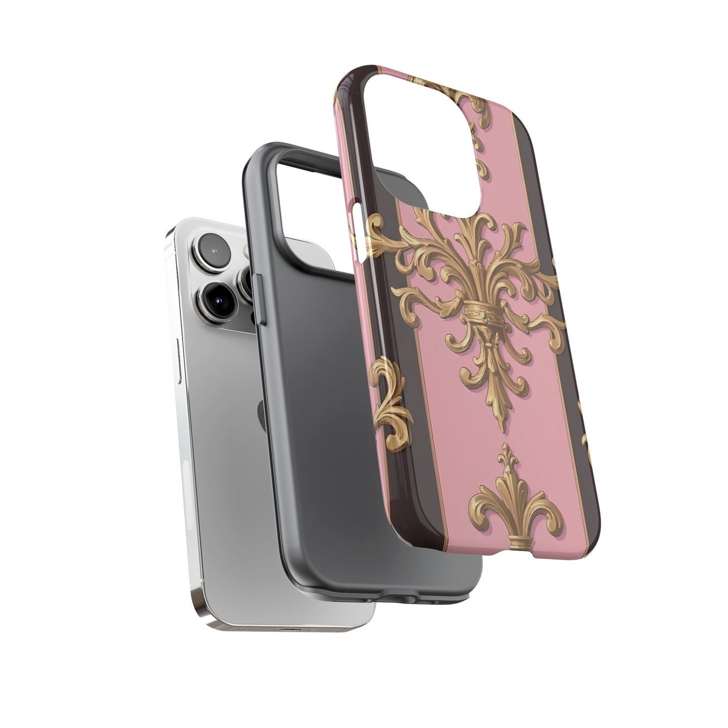 Elegant Floral Motif Phone Case - Tough Cases with Vintage Design - Pink & Brown Striped Gold Damask