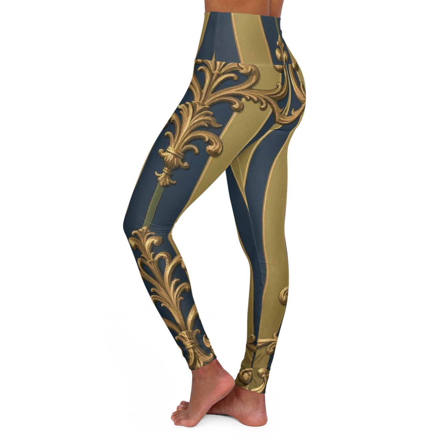 Elevated Midnight Blue & Olive Striped Gold Baroque Glamour High Waisted Yoga Leggings, Chic Activewear, Trendy Fitness Leggings