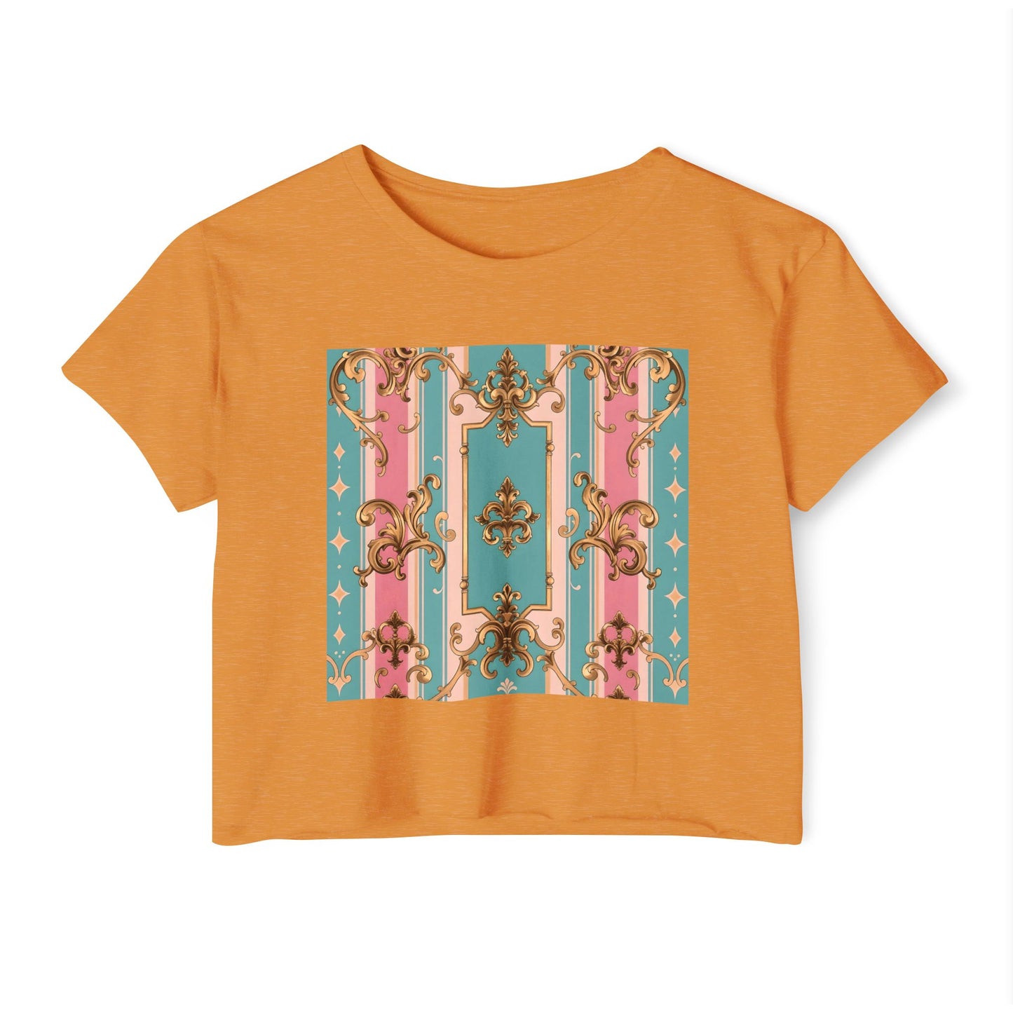 Rococo Festival Crop Top, Summer Crop Tee, Music Festival Clothing, Trendy Women's Fashion - Pink & Matte Turquoise Striped Rococo