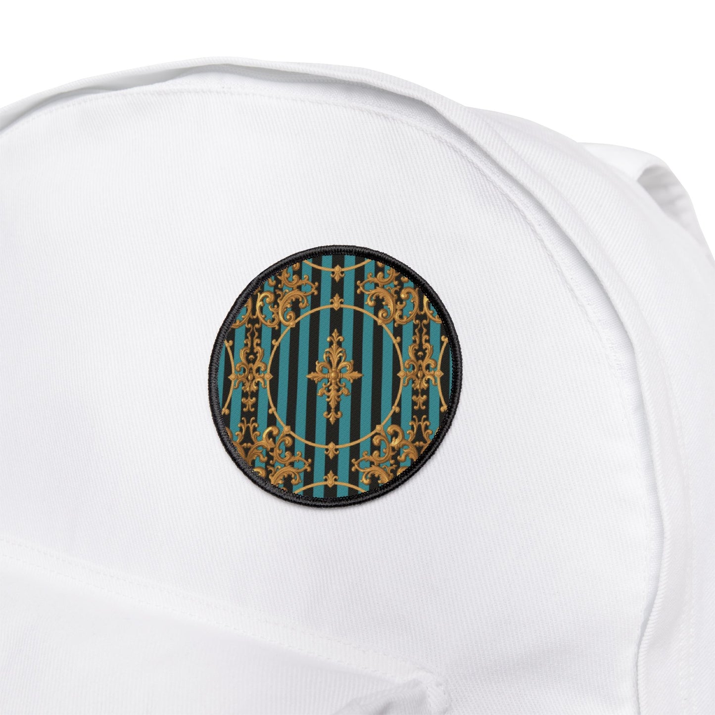 Turquoise & Black Striped Gold Baroque Iron-On Patches for Jackets, Bags, and DIY Projects | Retro Fashion, Unique Gifts