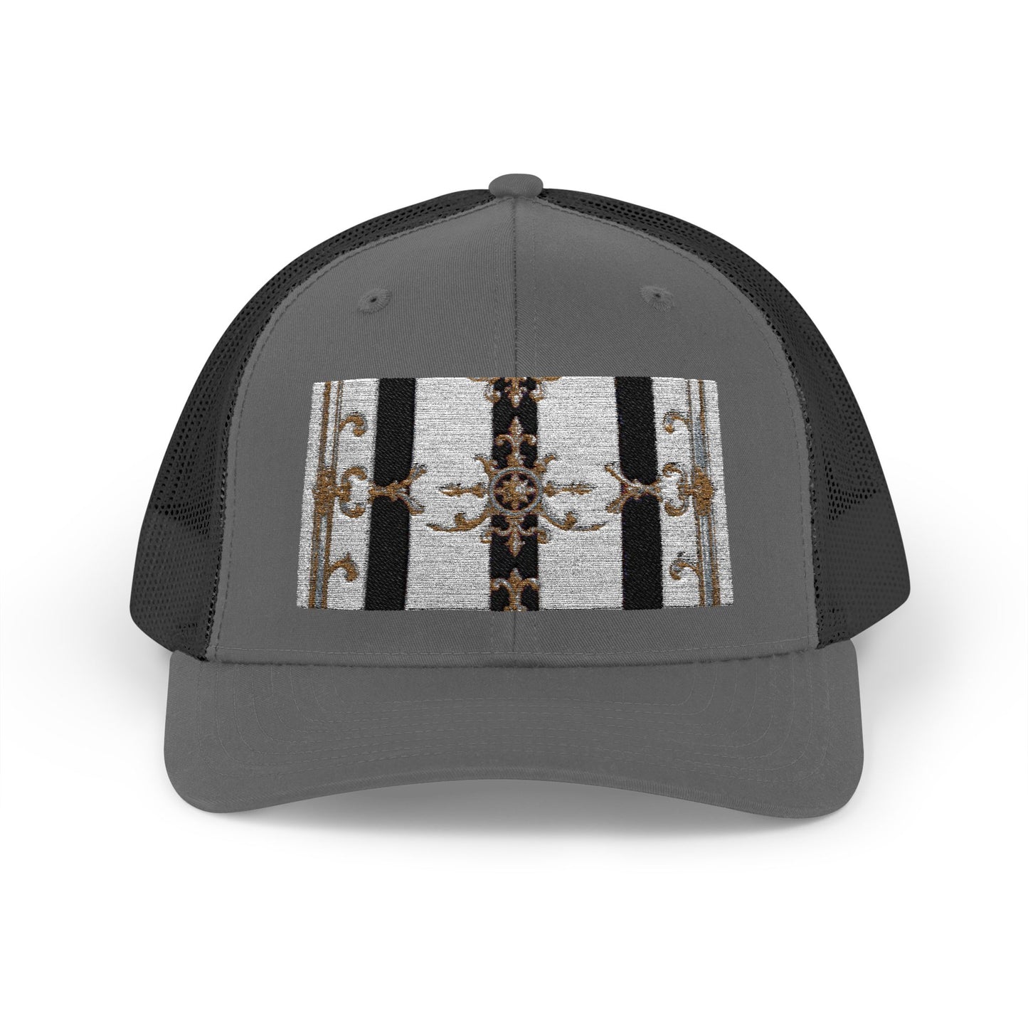 Trendy Snapback Trucker Cap, Casual Fashion Hat, Summer Accessory, Gift Idea for Cool Teens, Outdoor Activities - Black & White Striped Gold Baroque