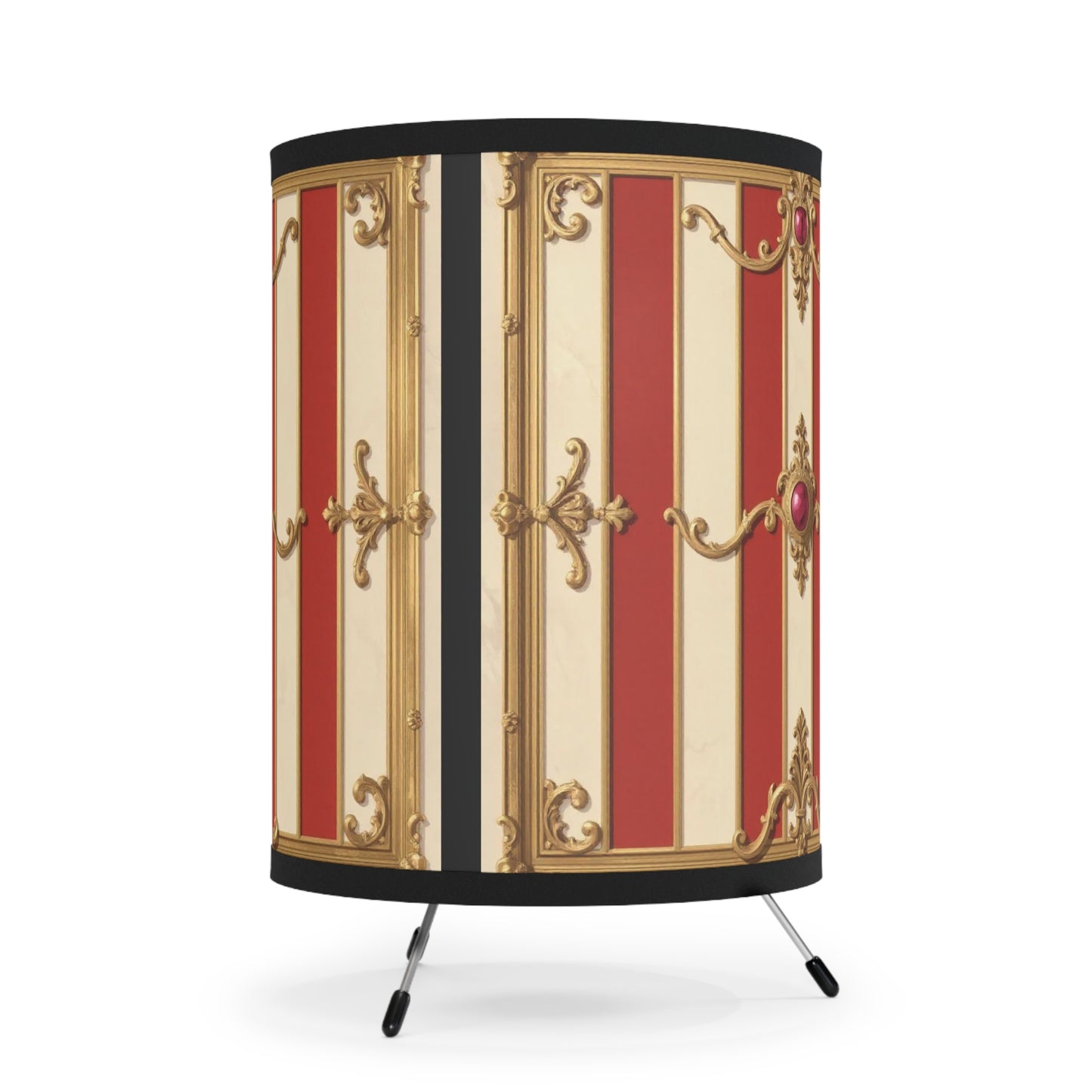 Vintage-Inspired Tripod Lamp with Elegant High-Res Print Shade - Alabaster & Dusk Orange Striped Baroque