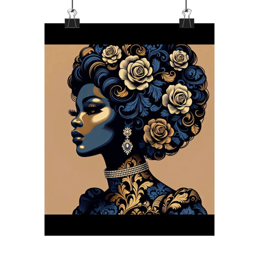 Floral Art Poster - Elegant Matte Vertical Wall Decor - Blue Damask Lady
