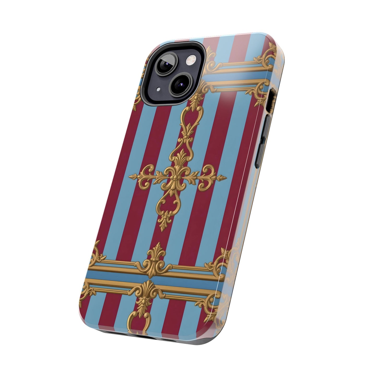 Elegant Patterned Tough Phone Cases, Stylish Phone Cover, Durable Phone Protection, Unique Gift Idea - Sky Blue & Maroon Striped Baroque