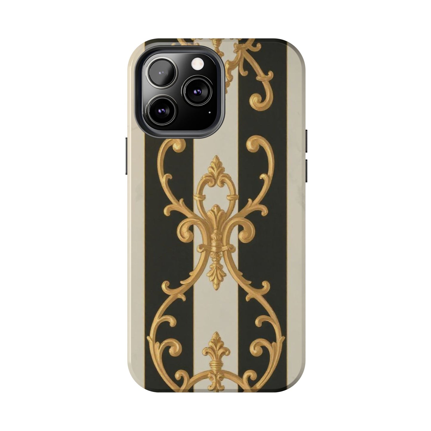 Elegant Black & Alabaster Striped Baroque Tough Phone Cases - Chic Protection, Black Gold Decor, Stylish Accessory, Gift for Her, Trendy Tech