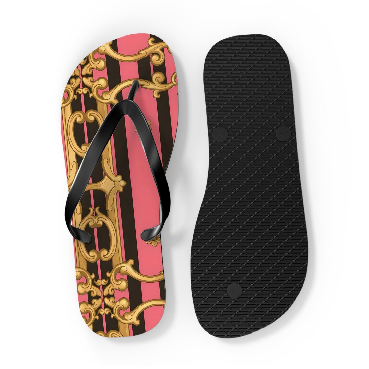 Chic Patterned Flip Flops - Stylish Summer Sandals, Beach Footwear, Pool Slides, Vacation Essentials, Gift for Her - Pink & Black Striped Gold Baroque