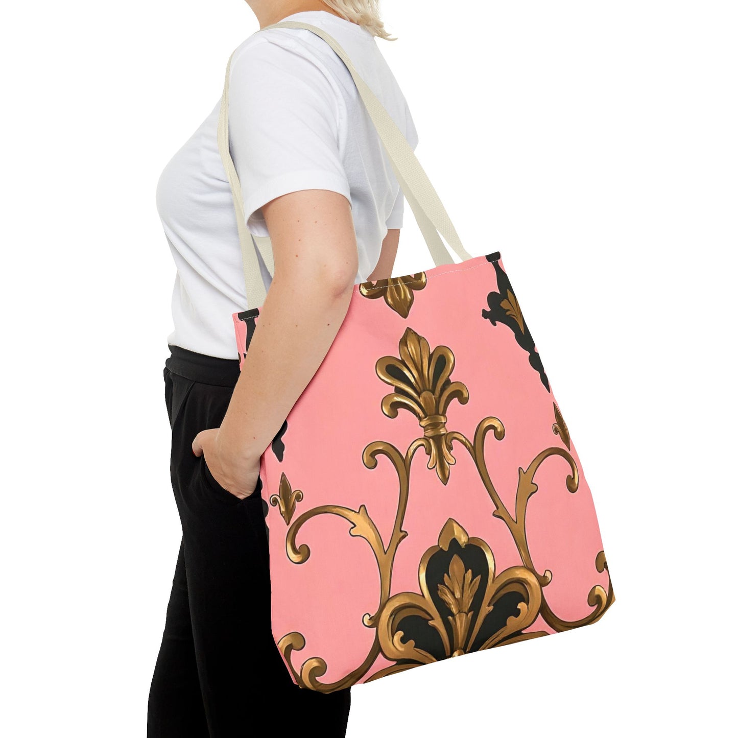Elegant Patterned Tote Bag - Chic Carry-All for Everyday Use, Fashion Accessory - Pink, Black & Gold Rococo