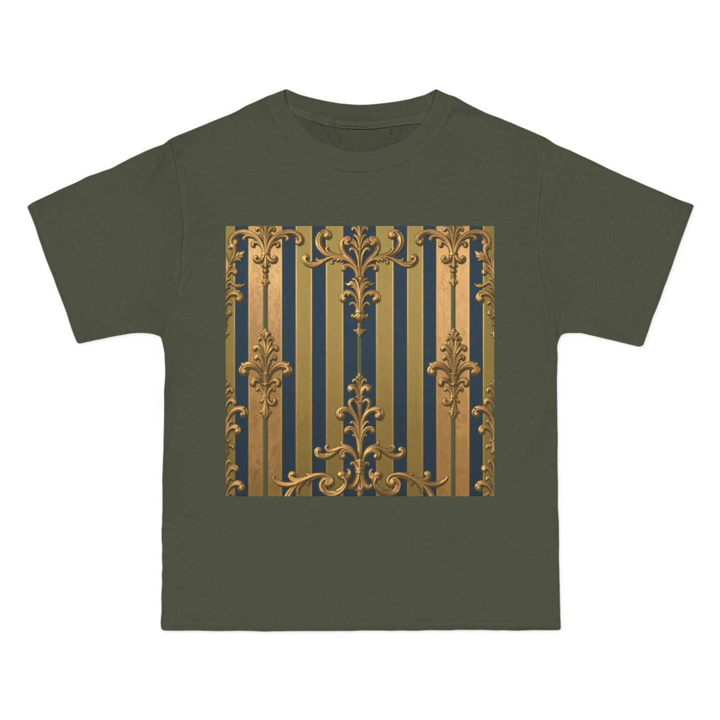 Elegant Midnight Blue & Olive Striped Gold Baroque Short-Sleeve Unisex T-Shirt, Vintage Fashion Tee, Casual Summer Top