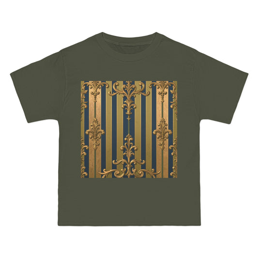 Elegant Midnight Blue & Olive Striped Gold Baroque Short-Sleeve Unisex T-Shirt, Vintage Fashion Tee, Casual Summer Top