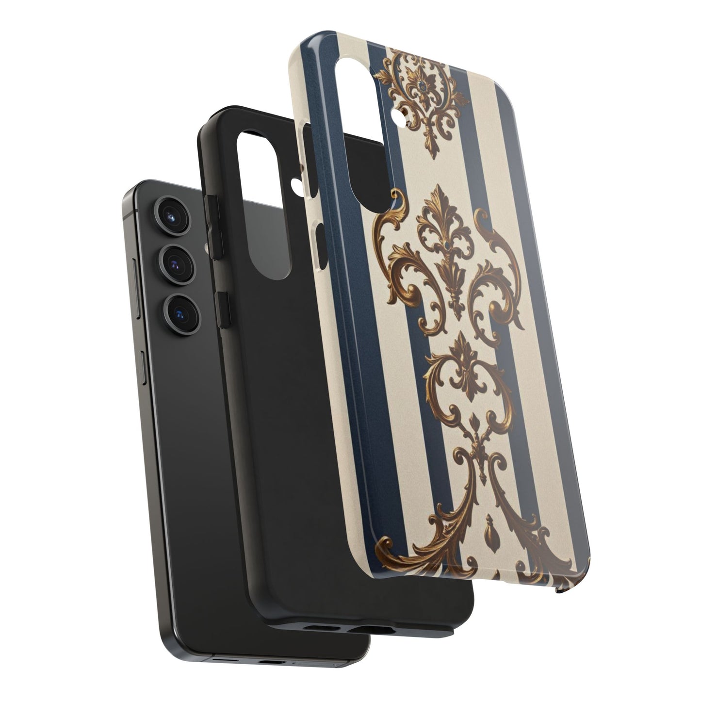 Damask Tough Phone Case - Alabaster & Blue Striped Damask