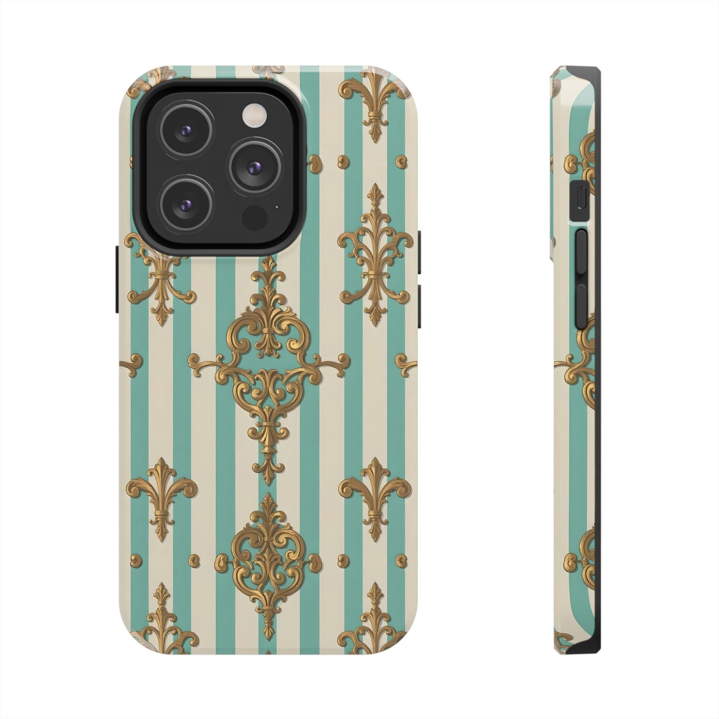 Elegant Striped Phone Case with Vintage Design, Tough Phone Cover, Stylish Smartphone Case - Matte Green Striped Rococo