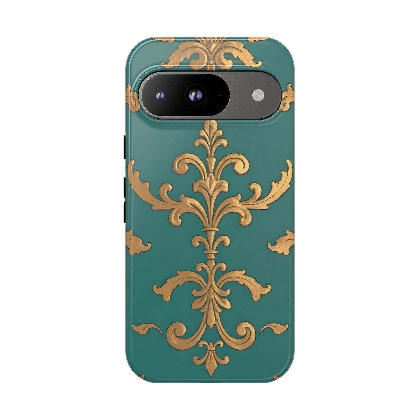 Elegant Floral Motif Phone Case - Tough Cases with Vintage Design - Aqua & Gold Damask