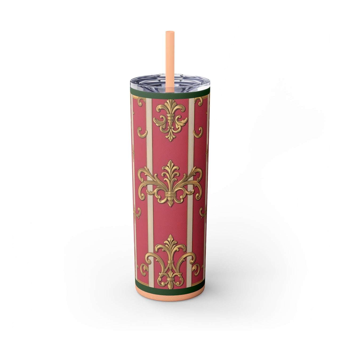 Elegant Green Border Pink Striped Baroque Skinny Tumbler with Straw, Reusable Travel Mug, Gift for Her, Fashionable Drinkware