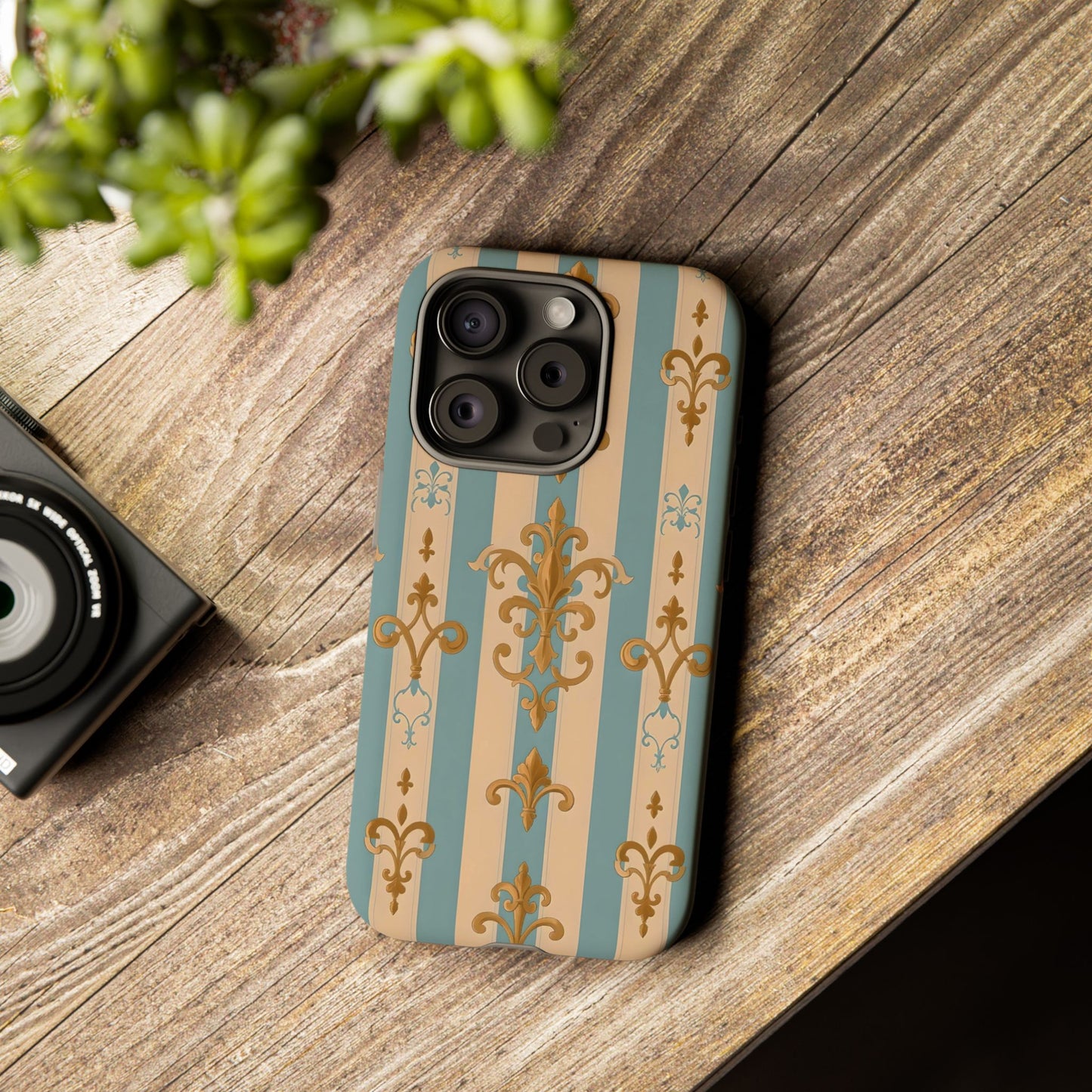 Elegant Floral Motif Phone Case - Tough Cases with Vintage Design -  Beige & Sky Blue Striped Gold Damask