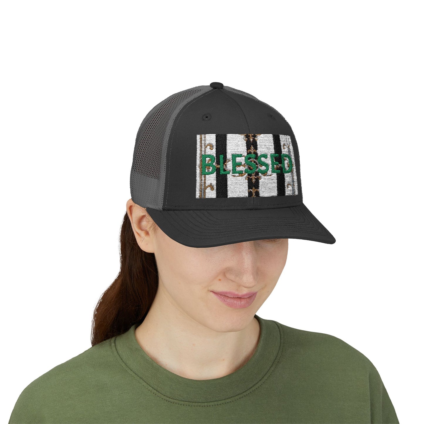 Blessed Snapback Trucker Cap | Casual Style, Outdoor Gear, Faith-Based Gift, Adjustable Hat, Everyday Fashion - Black & White Striped Gold Baroque