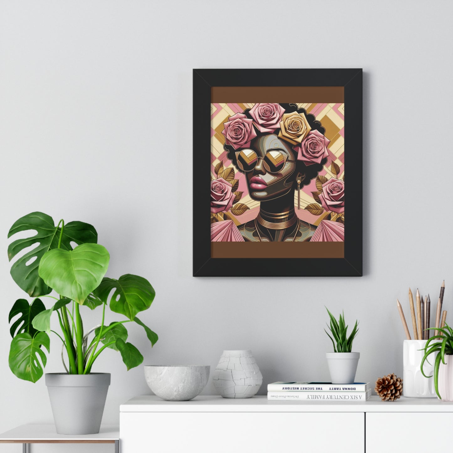 Elegant Framed Vertical Poster of Floral Woman, Home Decor, Wall Art, Gift for Her, Feminine Art Print - Pink Roses Lady