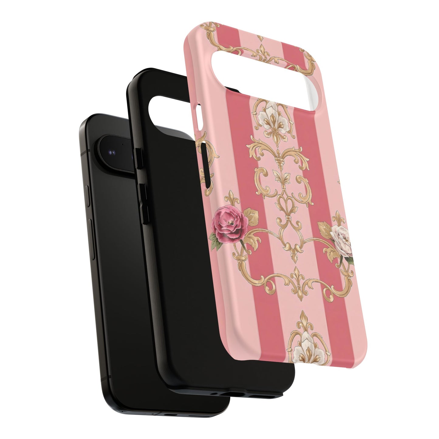 Elegant Floral Motif Phone Case - Tough Cases with Vintage Design - Pink Striped Roses & Damask