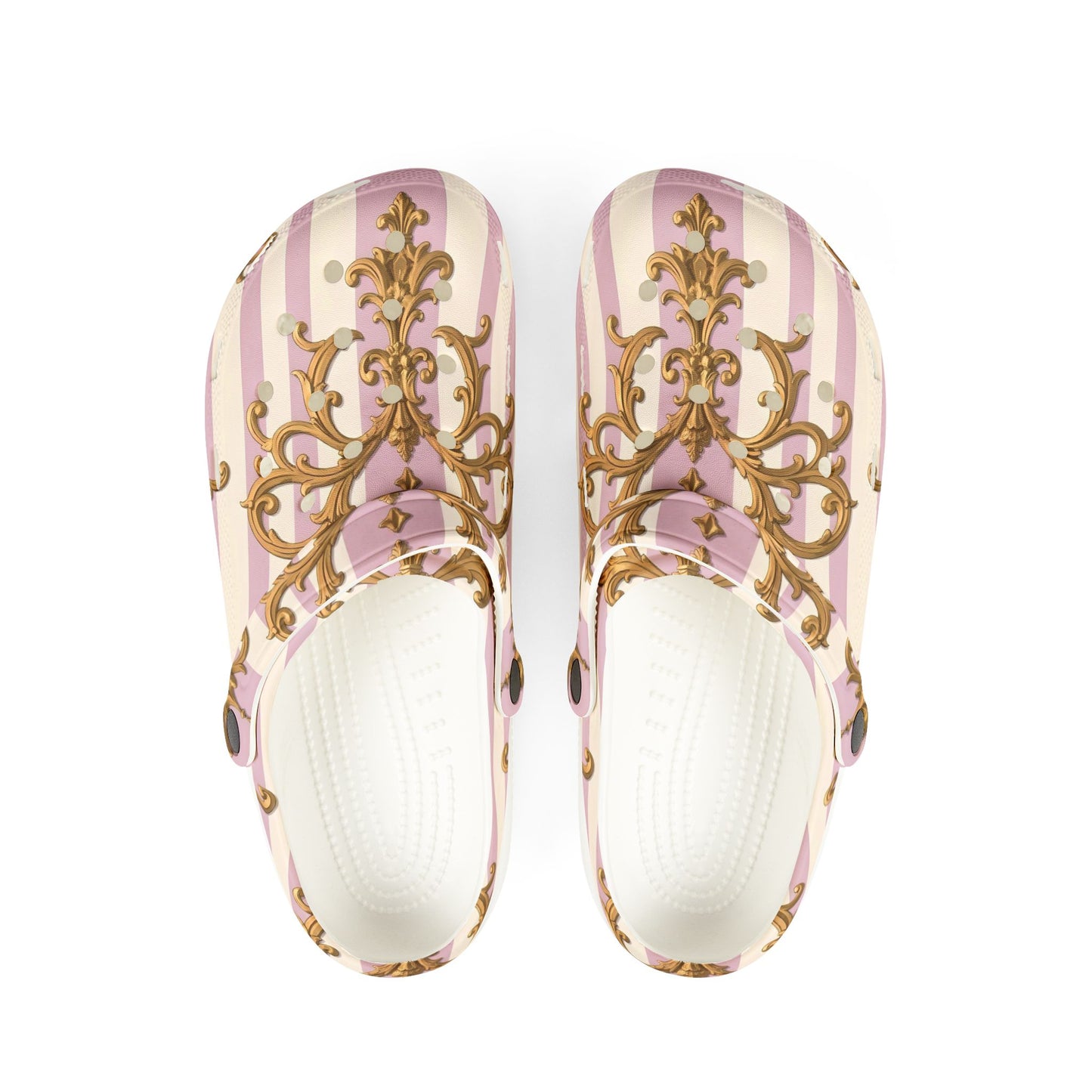 Chic Floral Clogs - Stylish EVA Foam Slip-On Shoes, Cute Garden Footwear, Comfortable Walkers - Lilac & Alabaster Striped Gold Baroque