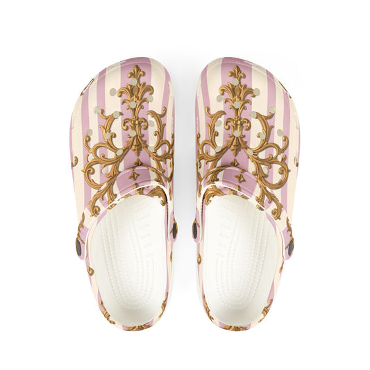 Chic Floral Clogs - Stylish EVA Foam Slip-On Shoes, Cute Garden Footwear, Comfortable Walkers - Lilac & Alabaster Striped Gold Baroque