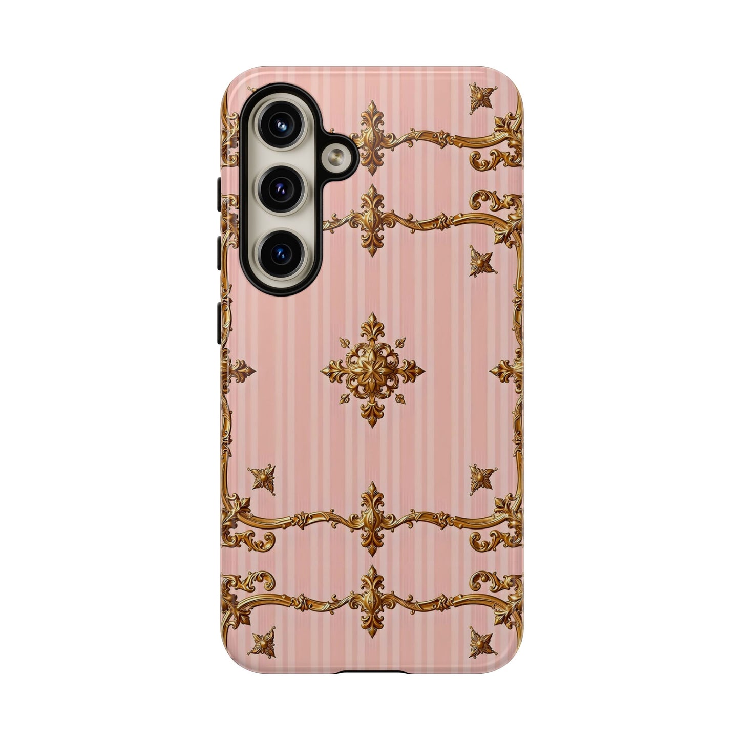 Elegant Floral Phone Case, Tough Cases for Women, Trendy Phone Cover, Chic Gift - Pink Striped Gold Baroque