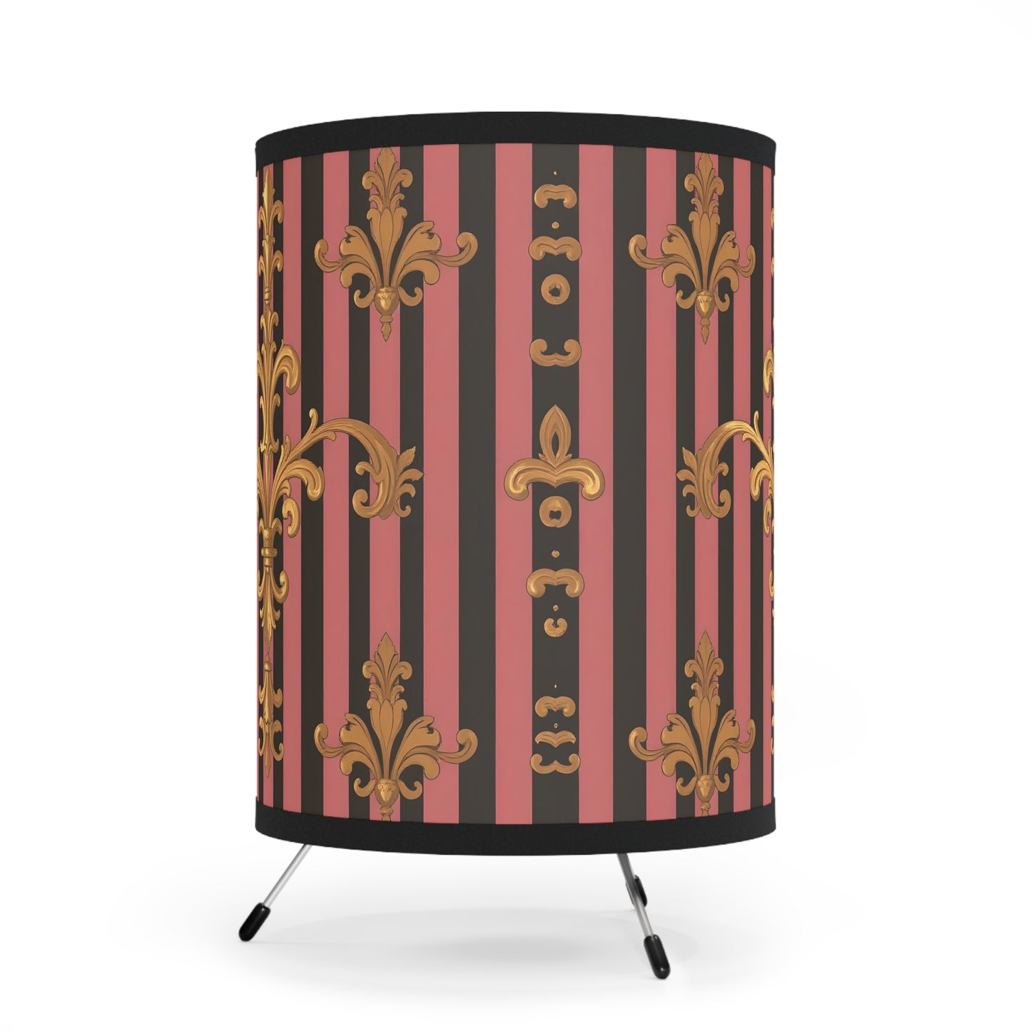 Elegant Tripod Lamp with Vintage Floral Print Shade - High-Res Home Accent - Mauve Striped Gold Damask