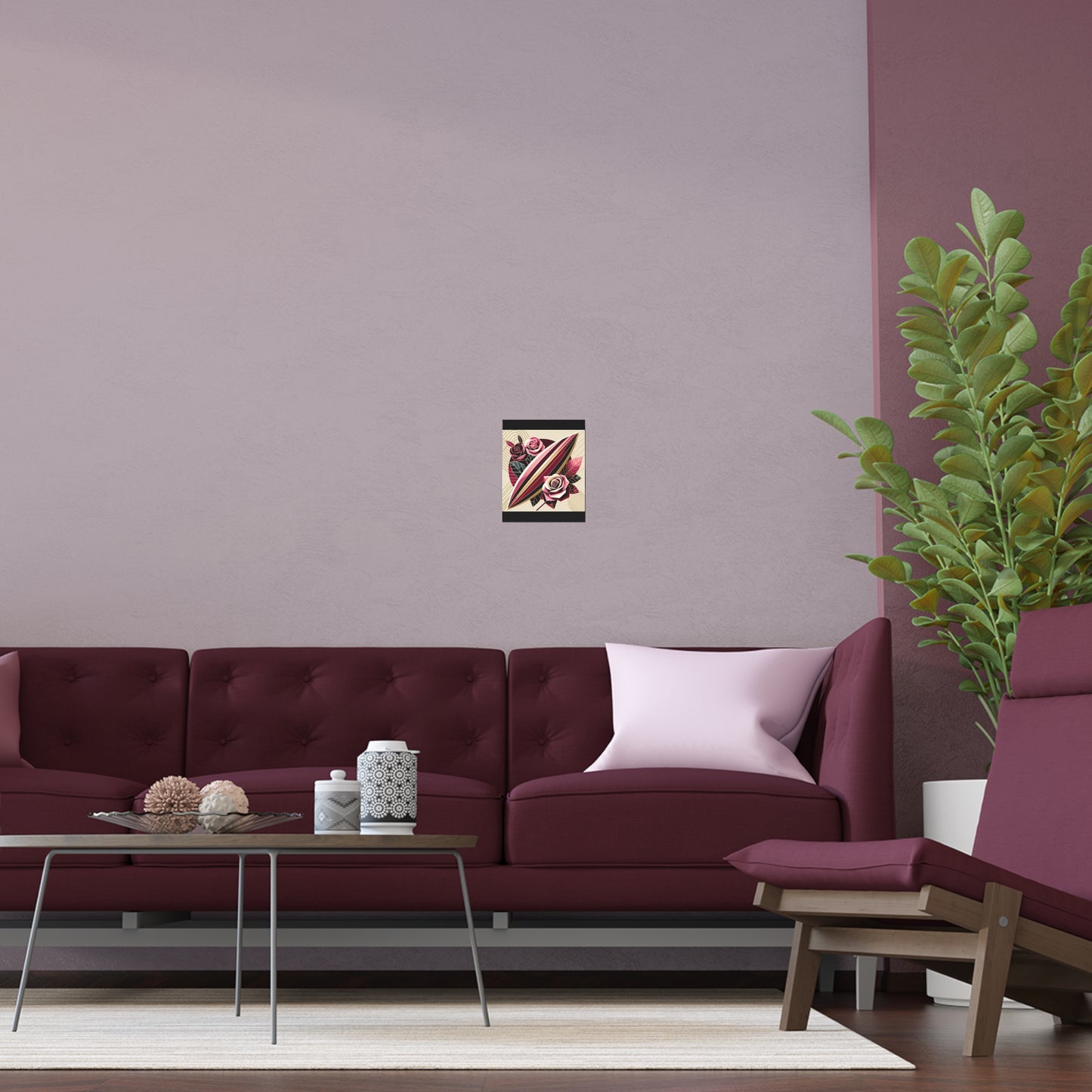 Elegant Floral Silk Poster - Indoor/Outdoor Wall Art for Home Decor - Pink & Burgundy Striped Surfboard & Roses