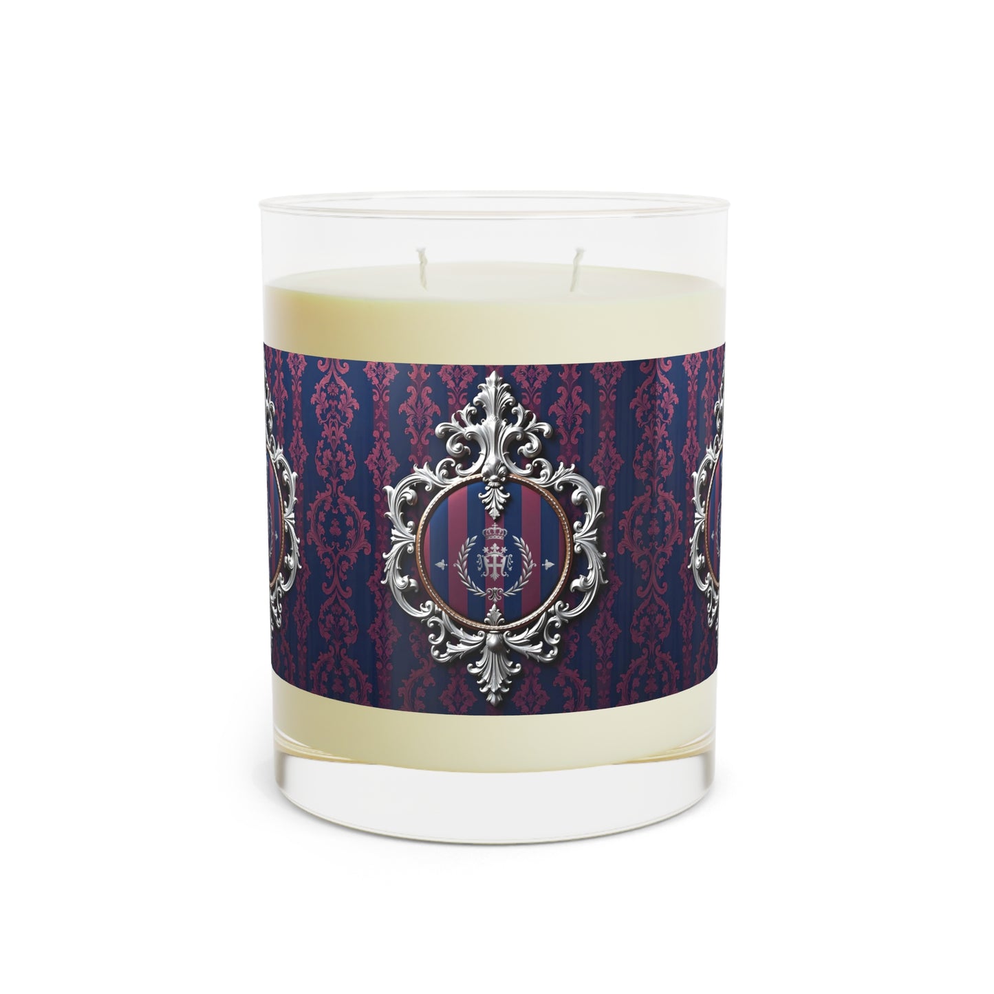 Elegant Scented Candle - Luxurious Home Decor, Aromatherapy Gift, Housewarming Present, Decorative Candle - Blue & Plum Striped Silver Crest