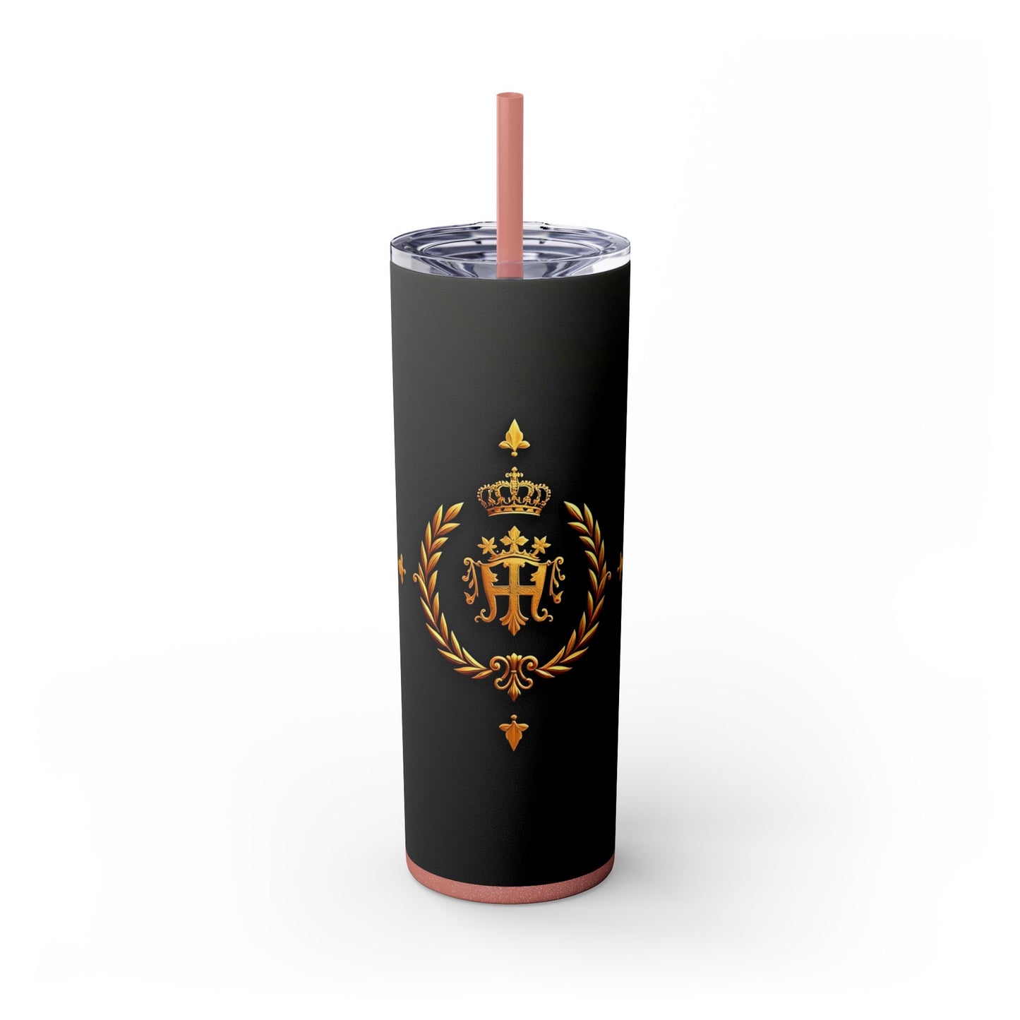 Elegant Royal Themed Skinny Tumbler, Chic Drinkware for Parties, Daily Hydration, Gifts for Her, Travel Mug, Reusable Straw - Pink Striped Gold Crest