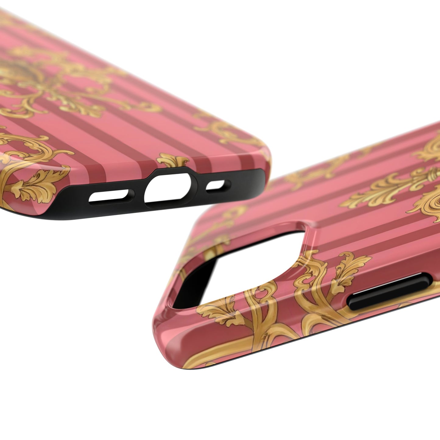 Elegant Baroque Tough Phone Cases, Durable Phone Cover, Stylish Accessory, Gift for Any Occasion - Pink Striped Gold Baroque