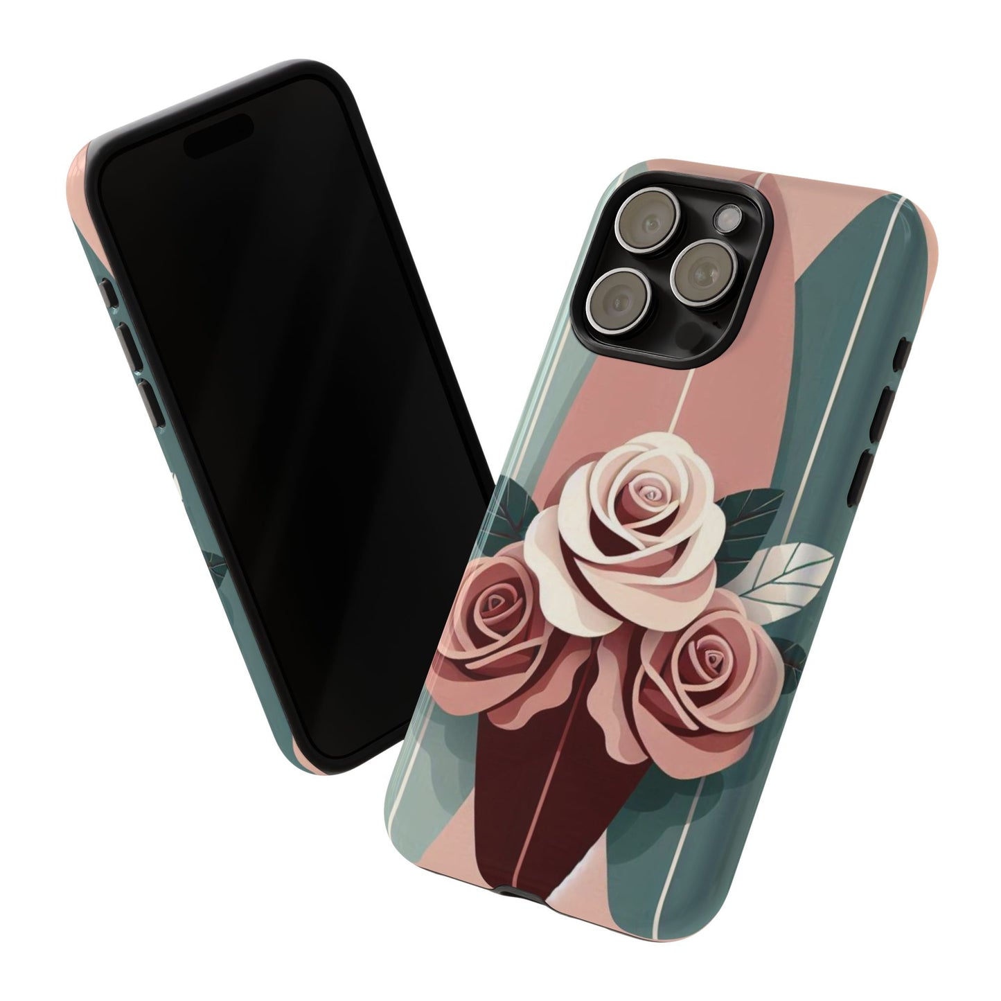 Phone Case - Burgundy, Matte Mauve & Teal Surfboard & Roses Design