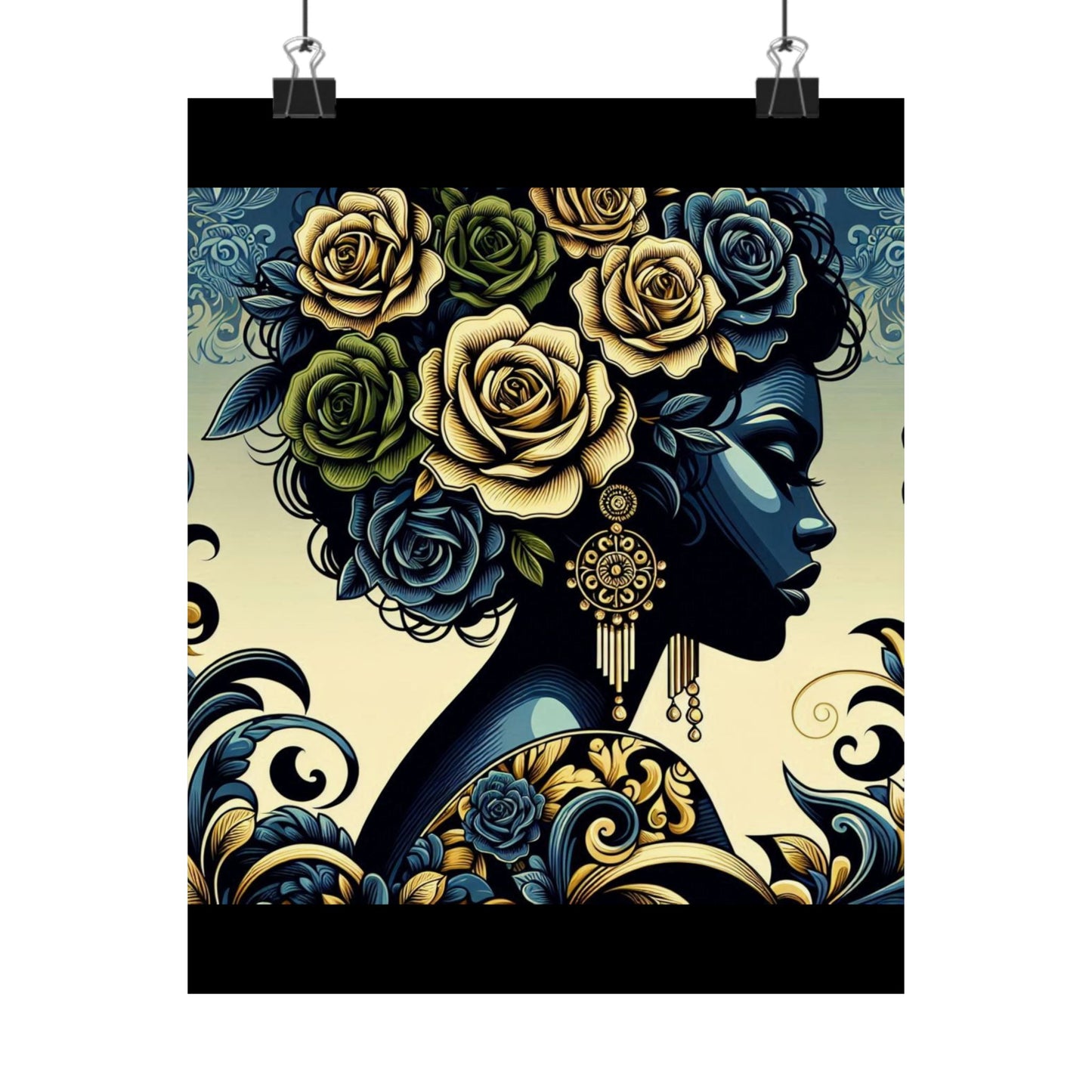 Floral Afro Art Poster - Elegant Matte Vertical Wall Decor - Midnight Blue Lady With Damask & Roses