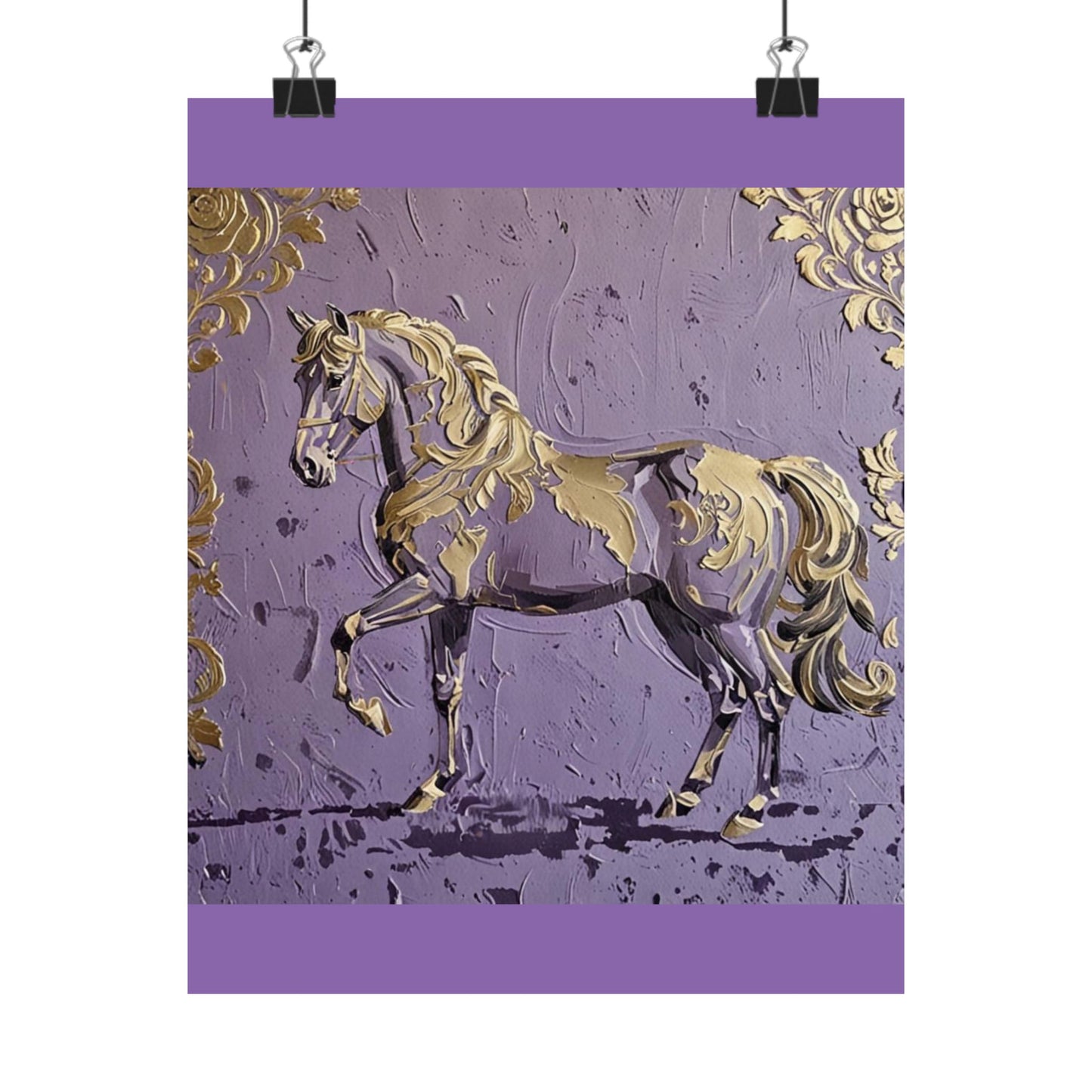 Floral Motif Art Poster - Elegant Matte Vertical Wall Decor - Lavender & Gold Damask Horse