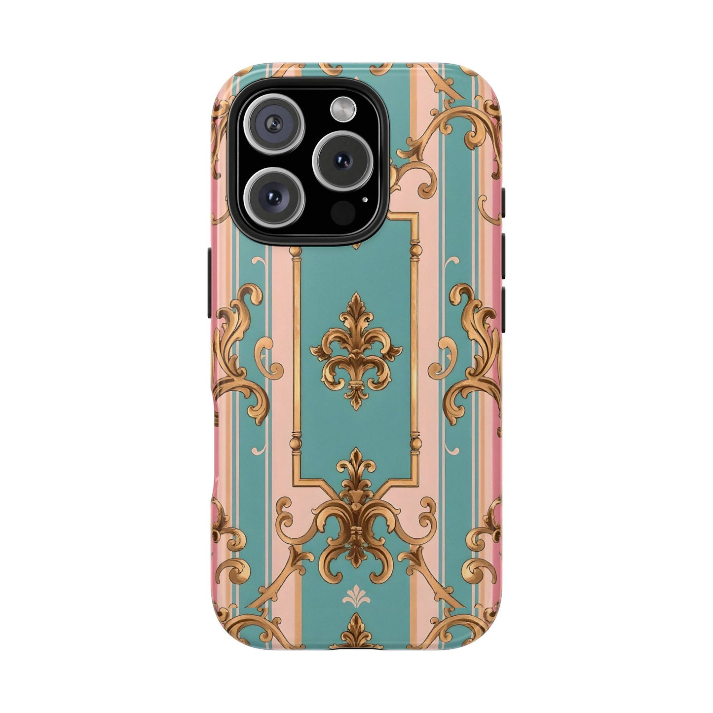 Elegant Floral Tough Phone Case, Artistic Phone Cover, Gift for Her, Chic Phone Accessory - Pink & Matte Turquoise Striped Rococo